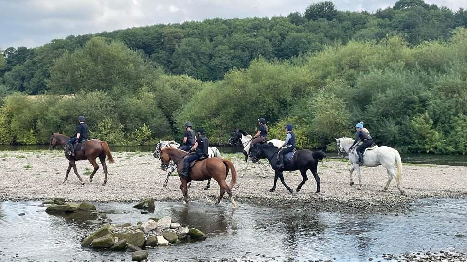 A group of horses and riders down by the river Severn