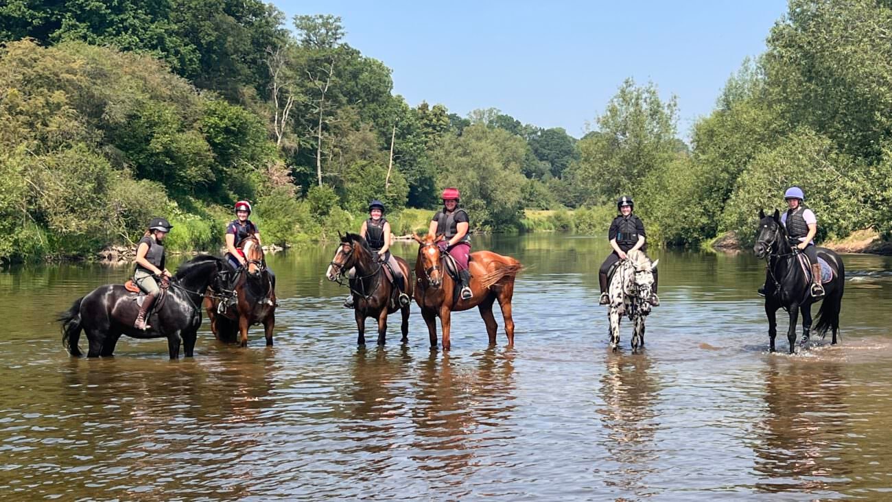 5 riders on horseback in the river