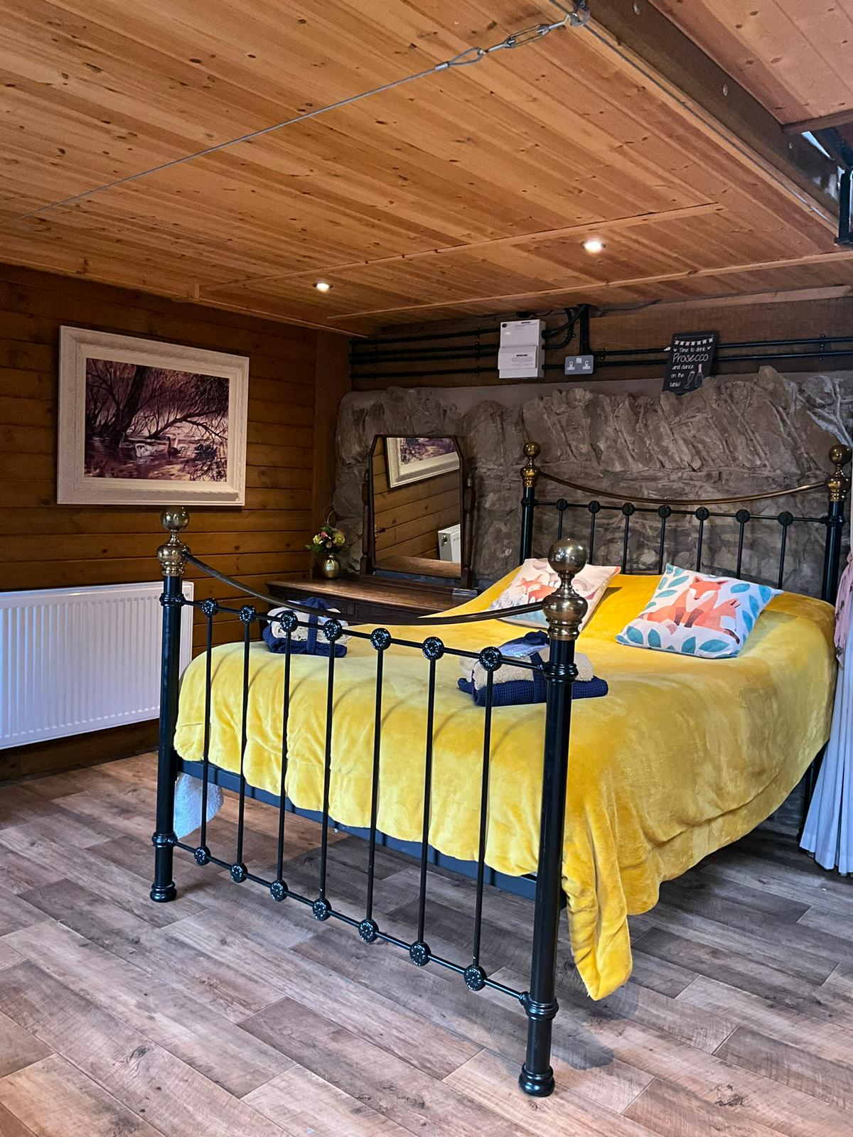 double bed in glamping lodge
