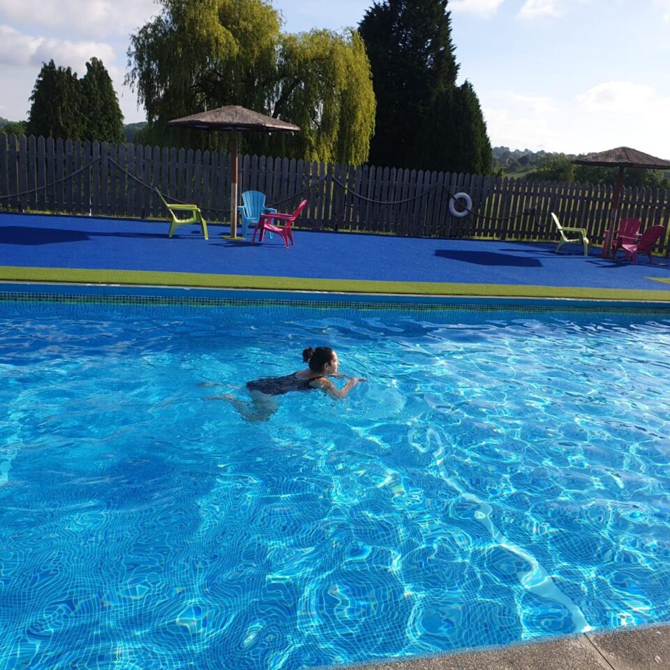 lady in the bank farm swimming pool